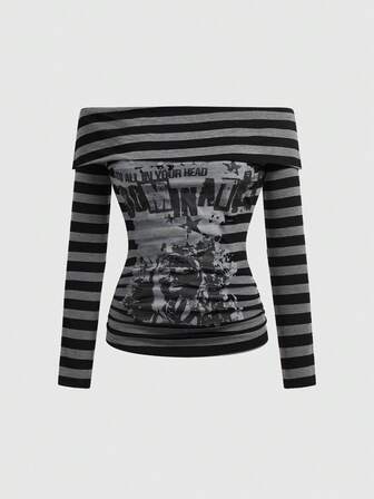 Grunge Punk Vintage Striped Punk Portrait Print Off-Shoulder Fitted Ruched Top