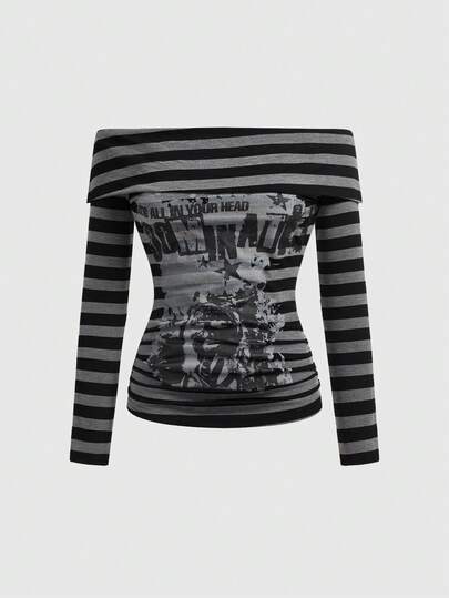 Grunge Punk ملابس علوية مضغوطة ذات كتف مكشوف مطبوعة بطبعة بورتريه بنكية ذات خطوط عتيقة