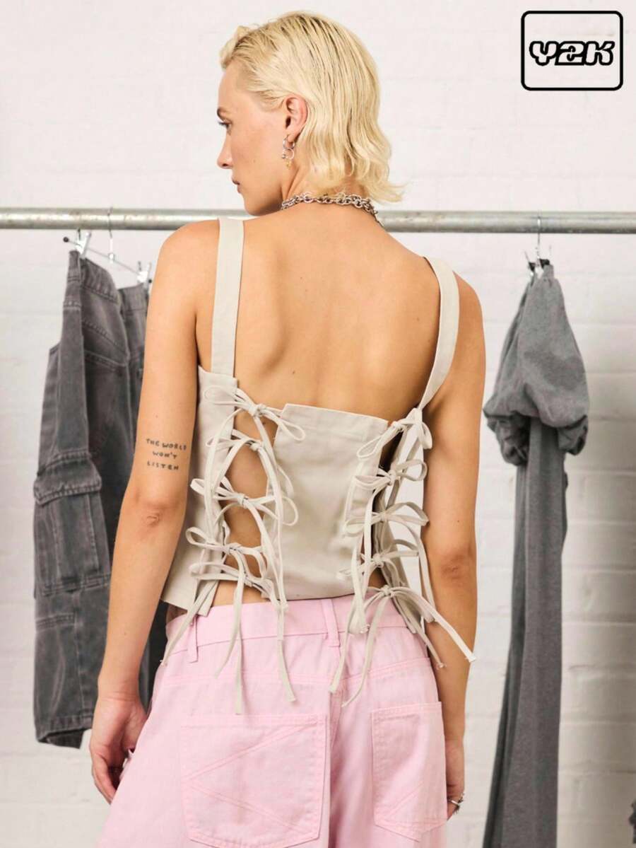 COUREZ 系带方领吊带背心/Y2K可爱上衣外出度假 - 灰色 - 查看 1