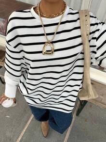 Muchica 女士新款二合一条纹圆领宽松长袖T恤，休闲百搭，适合返校和日常穿着，女士超大款条纹长袖T恤 - 黑與白 - 查看 5