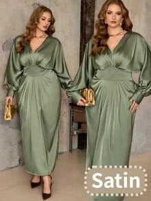 Roveilla Đầm maxi satin xếp ly nhún eo có thể điều chỉnh dành cho nữ cỡ lớn, phong cách Pháp cổ điển thanh lịch, phù hợp cho công sở, tiệc tùng, Giáng sinh, Lễ Tạ ơn, Năm mới, mùa thu/đông. - màu xanh lá - Xem 1