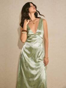 Poéselle 女士花卉提花深V露背扭结设计无袖连衣裙，优雅 - 綠色 - 查看 6