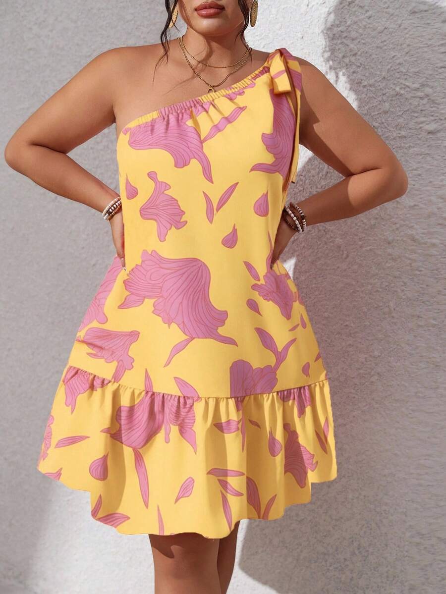 Sunserae Vestido sin mangas con volantes en el bajo, con tirantes de lazo y hombros descubiertos, en talla grande, adecuado para primavera y verano, atuendo de playa - Amarillo claro - Ver 1