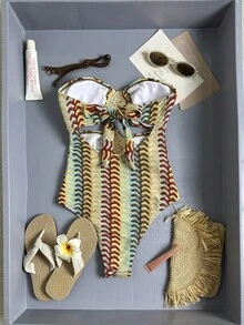 Swim Chiccia Spring/Summer Knit Jacquard Wireless Halter Backless Tie Swimsuit High Cut Women Beach Holiday Travel Elegant One-Piece Swimwear - Multicolor - View 7