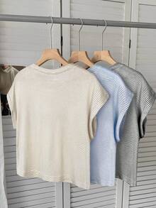 SHEIN LUNE 3件套女士休闲条纹短袖T恤套装，适合夏季度假、通勤和日常穿着 - 彩色 - 查看 3