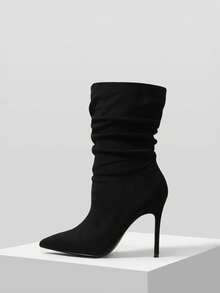 Mnmlis 女士时尚百搭尖头中筒高跟靴 - 黑色 - 查看 1