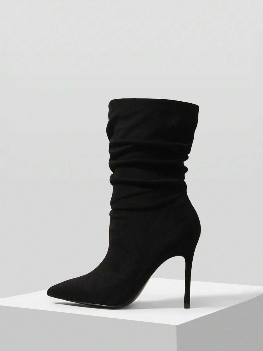 Mnmlis 女士时尚百搭尖头中筒高跟靴 - 黑色 - 查看 1