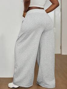 SHEIN PETITE CURVE 大码女式纯色抽绳腰阔腿宽松休闲运动裤，适合日常休闲、居家、运动、上学、通勤、户外活动，抽绳设计，春季百搭，适合外出、参加嘉年华等场合，休闲百搭，宽松舒适。 - 灰色 - 查看 2