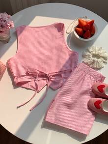 Comfortcana Women's Summer Vacation Striped Cardigan & Shorts 2 Pieces Set - Pink - View 2