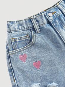Girlism Quần short denim rách màu xanh nhạt dáng rộng cạp cao cho bé gái tuổi teen, thích hợp mặc mùa xuân hè, kiểu dáng thường ngày, thêu hình trái tim màu hồng, dài đến mắt cá chân, phong cách boho, đi biển, dự tiệc, lễ hội, quần short dễ thương cho bé gái tuổi teen, thích hợp cho kỳ nghỉ hè, mùa xuân, đi biển, du lịch, ngày lễ tình nhân. - Rửa nhẹ - Xem 6