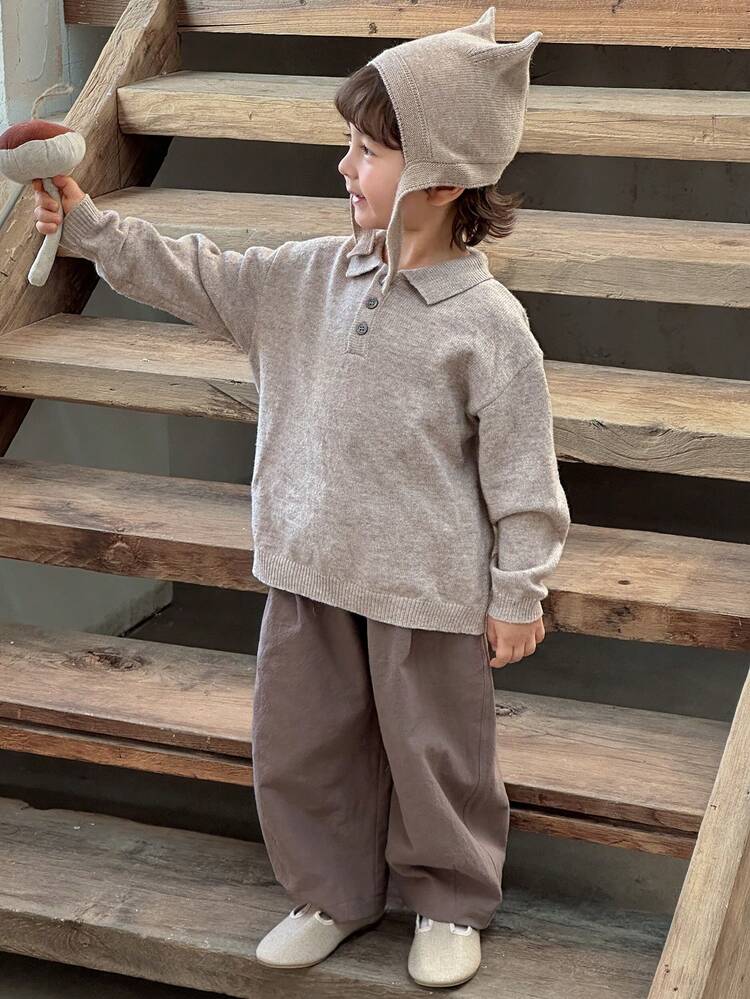 Young Boy Solid Color Half-Zip Drop Shoulder Casual Knit Pullover Sweater