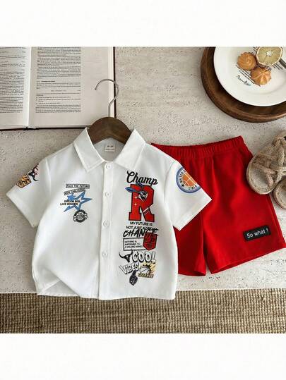 SHEIN 2件套婴儿男女童休闲街头风字母印花短袖上衣和松紧腰短裤，适合春夏季节户外玩耍