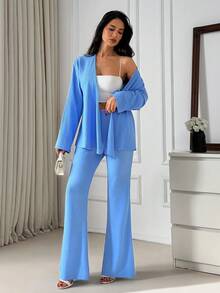 EURMUSE Textured Two Pieces Set, Wrap Blouse With Belt Detail, Flared Pants, Relaxed Fit, Soft Drape Fabric, Effortless Chic Style - Baby Blue - View 5