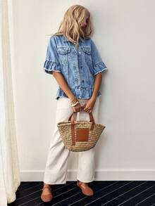 EMERY ROSE Casual Fashion Front Closure Frayed Hem Plus Size Denim Jackets,Fall Clothes For Women Jean Jacket Women Ruffle Denim Jacket Fringe Denim Jacket Cropped Denim Jacket - Blue - View 1