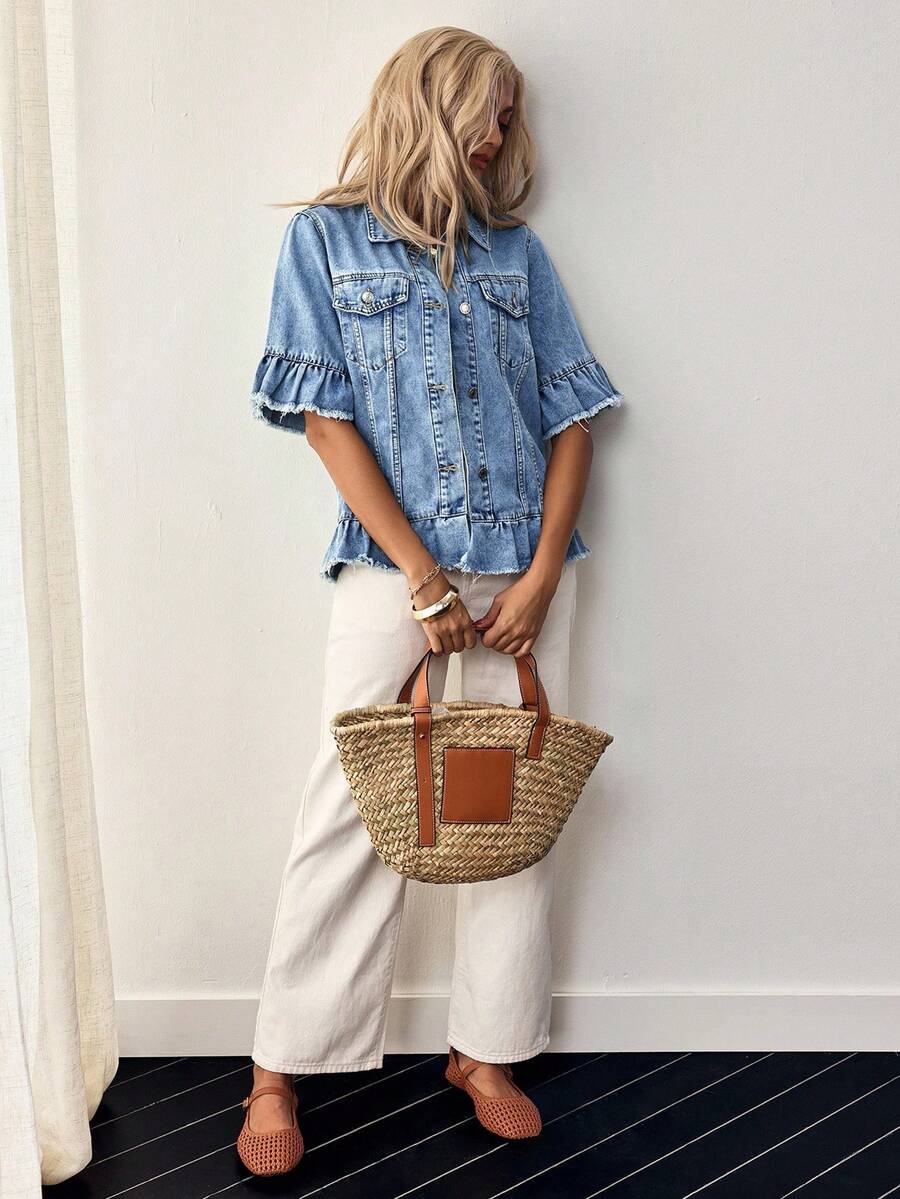 EMERY ROSE Casual Fashion Front Closure Frayed Hem Plus Size Denim Jackets,Fall Clothes For Women Jean Jacket Women Ruffle Denim Jacket Fringe Denim Jacket Cropped Denim Jacket - Blue - View 1