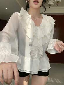 DAZY 女士优雅纯色荷叶边下摆衬衫，春夏款 - 白色 - 查看 11
