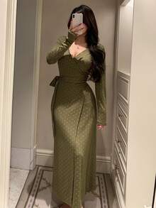 DAZY 波点印花收腰长款女士睡裙，女士家居服连衣裙 - 橄欖綠 - 查看 3