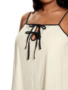 Solavibe Plus Size Tie Front Contrast Trim Textured Fabric Casual Vacation Slip Dress - Apricot - View 5