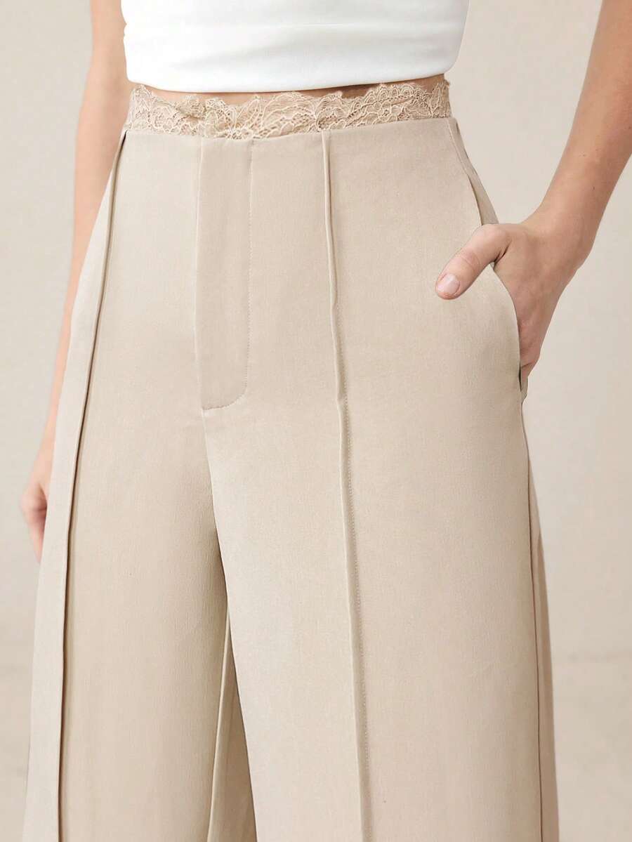 BizChic Pantalones de traje de mujer con diseño de pliegue frontal, cintura de encaje y bolsillos laterales, versátil para la oficina, ocasiones sociales y estilo Y2K, nueva colección primavera/verano en color albaricoque - Caqui - Ver 1