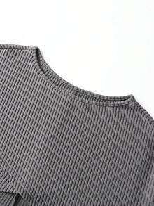 GlowEve Bộ áo dài tay cổ tròn viền bất đối xứng màu trơn dành cho nữ + áo hai dây cổ yếm + quần ống rộng buộc dây phía trước - Xám - Xem 7