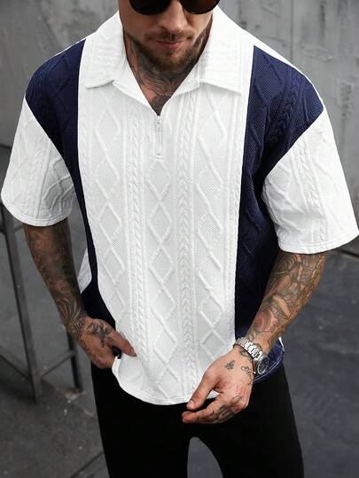 Manfinity CasualCool Men's Polo Shirt, Mature Casual Style With Color Block Design, Fashionable And Versatile For Daily Wear,Men Old Money,Daily Leisure, Weekend Trips, Outdoor Activities, Travel Expeditions, Relaxed Work Environments Or Semi-Formal Occasions, Boyfriend/Husband Gift, Anniversary /Birthday Gift Party Summer Vacation Holiday,Wedding,Spring To Summer,Mardi Gras,Casual Men's Pullover Polo With Textured Cable Knit And Quarter Zip Collar,Men S Knit Shirt,Men S Retro Shirt,Men S Collared Shirt