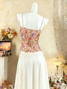 Lalippa Top de camiseta ajustada con estampado floral, estilo de vacaciones para mujer - Rosa - Ver 2