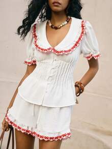 Poéselle 女士撞色滚边刺绣荷叶边领纽扣前开襟短袖衬衫 - 白色 - 查看 6