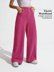 Flexra Plus Size Women Casual Elastic Waist Loose Wide Leg Jeans - Hot Pink - View 8