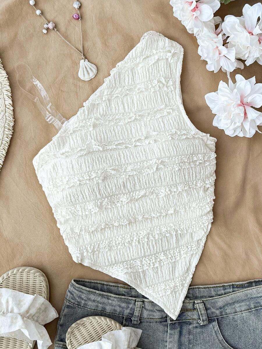 Tween Girls Textured Knit Asymmetric Hem Camisole Tank Top, Fitted Lace Trim Cami For Vacation, Afternoon Tea, Beach - White - View 1