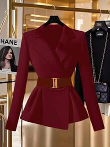 GlowEve 女士时尚优雅纯色翻领黑色西装外套 - 酒紅色 - 查看 6