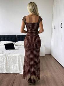 SHEIN EZwear Đầm lưới chấm bi thanh lịch dành cho nữ, kiểu đuôi cá, thích hợp cho mùa xuân/hè. - màu nâu - Xem 2