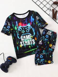 SHEIN GraphicGems 2pcs/Set Gamer Boy Graphic Print Glowing Round Neck Short Sleeve T-Shirt And Shorts Pajama Set, Stretchy Soft Knit Fabric - Multicolor - View 4