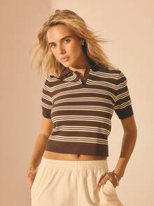 Aralina 女士夏季条纹 Polo 衫，纽扣门襟短袖针织衫，休闲女装 - 彩色 - 查看 3