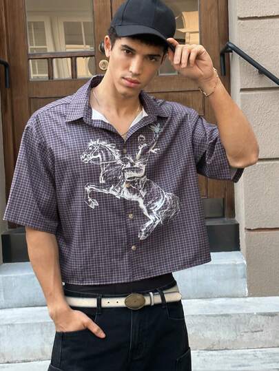 SWAVVY Retro College Style Unisex Couple Printed Pattern Spring/Summer Exclusive Casual New Short Sleeve Shirt Vintage Cowboy Shirt Cowboy Carter Shirt Cowboy Men Shirt Rodeo Shirt Horse Shirt