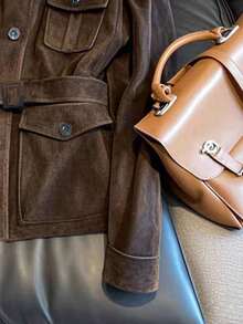 INAWLY 新款棕色复古高端宽松腰身休闲风衣外套（女款） - 巧克力棕 - 查看 4