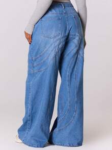 MUSERA 大码女式水洗阔腿缝线细节牛仔裤，酷女孩街头风秋季款 - 中等水洗藍 - 查看 3