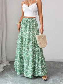 Rafferiza New Women's High-Waisted Long Skirt With Leaf Print, Featuring An Elastic Waistband With Drawstring Tie Detail, And A Multi-Layered, Loose-Fitting A-Line Silhouette. - Green - View 6