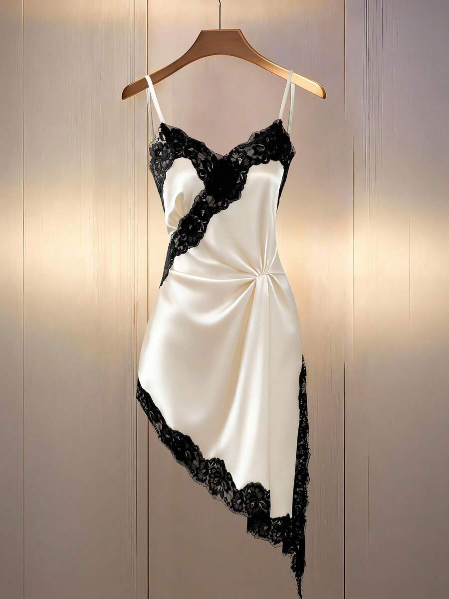 Franclia Women's Romantic Casual Outdoor/Date Wear Lace Camisole Asymmetrical Long Vest, Spring/Summer - Black and White - View 1