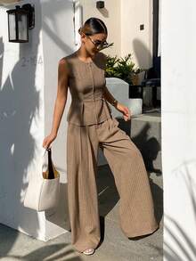 DAZY 2pcs/Set Women Casual Sleeveless Zip-Up Top And Pants Vacation - Navy Blue - View 4