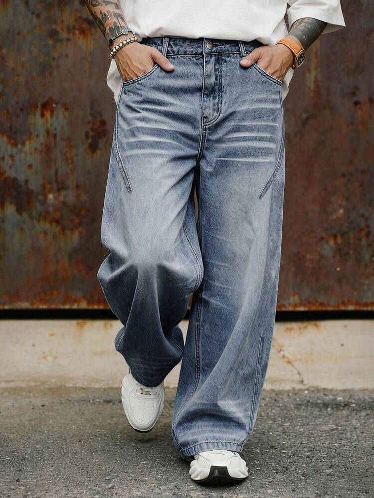 Men's Loose Fit Wide Leg Washed Jeans, Solid Color, Autumn