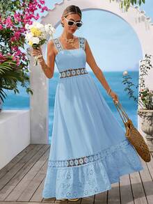 Vivid Eden Solid Color Patchwork Ruffle Textured Fabric A-Line Cami Dress For Women, Vacation & Casual Wear ,Summer Dress - Blue - View 4