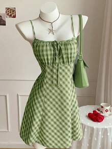 Comfortcana Đầm ngắn kẻ caro xanh lá cây thời trang, gợi cảm, phù hợp cho phụ nữ mùa xuân, không thể thiếu cho Giáng sinh và Năm mới, thanh lịch và đa năng. - màu xanh lá - Xem 5