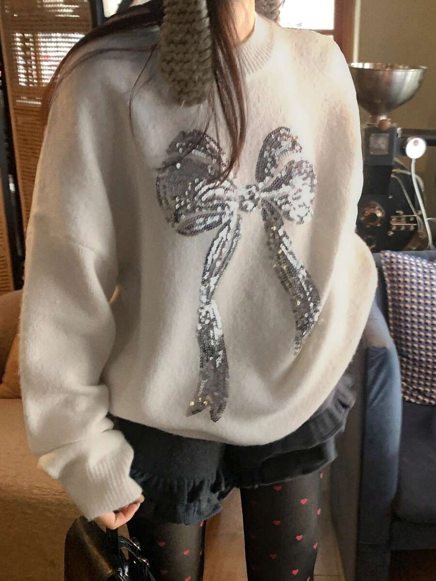 DAZY Women's Christmas Crew Neck Loose Sequin Butterfly Decor Casual Sweater Carnival - White - View 1
