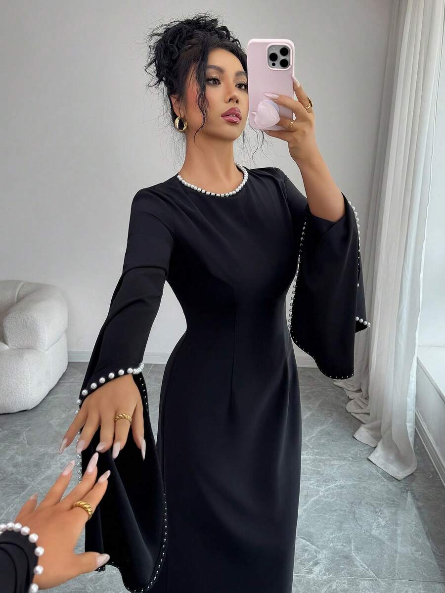 Elenzga Vestido de manga larga con perlas decorativas, nueva colección primavera/verano 2026 para mujer - Negro - Ver 1