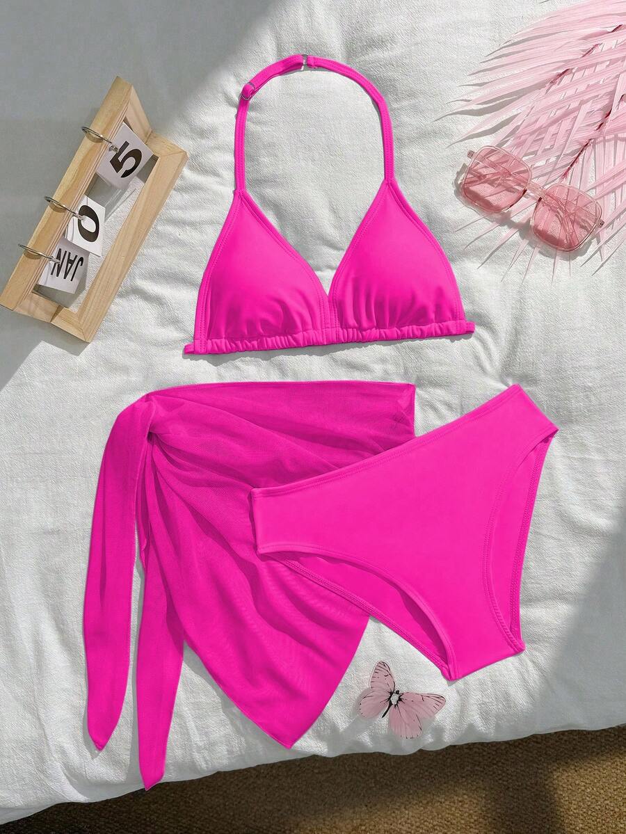 SHEIN Tween Girls Tankinis, Casual Rose Red Three Piece Swimsuit Set+Half Skirt Fashionable Casual Exquisite Gorgeous Lady Suitable For Swimming Suitable For Summer Vacation, Beach Beach Beach Swimming Pool, Summer Party Leisure Vacation. Hot Pink Bikini 3 Piece Swimsuit Set Girls Beach Sets - Hot Pink - View 1