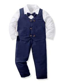 SHEIN Traje de 2 piezas para niños de 4 a 7 años para volver al colegio: chaleco sin mangas de tejido texturizado en rojo navideño y pantalones a cuadros de tejido texturizado, conjunto formal elegante para ocasiones como fiestas, cumpleaños, festividades en primavera, otoño e invierno - azul real - Ver 3