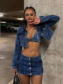 StreetHx Conjunto de chaqueta vaquera corta y falda vaquera mini con bajo deshilachado para mujer, estilo de moda casual y urbano para uso diario, primavera/verano/otoño - Azul lavado oscuro - Ver 5