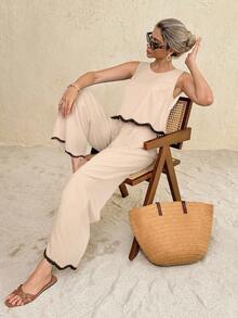 SHEIN Frenchy Damset med rund hals, böjd fåll och vida byxor för semester, 2 delar - Aprikos - Visa 5