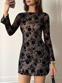 Firerie 女士黑色植绒玫瑰花长袖喇叭迷你连衣裙，船领短款连衣裙，适合春、夏、秋、冬四季穿着，优雅、通勤、性感、度假、海滩、波西米亚风、夏威夷风、音乐节、浪漫、约会、派对、婚礼季、毕业典礼、毕业舞会、演出服、演唱会、工作服、返校季、女士度假连衣裙、女士生日连衣裙、女士教师服 - 黑色 - 查看 9