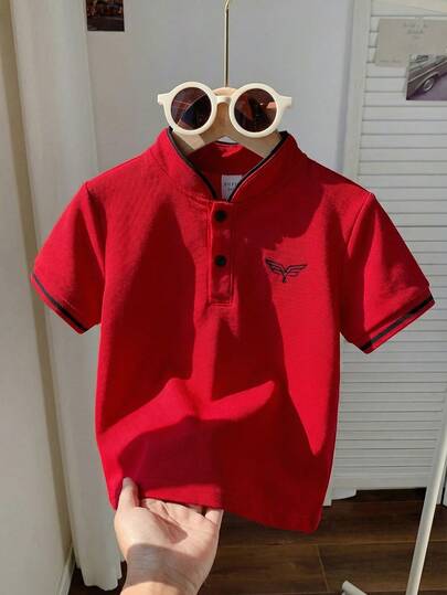 SHEIN Baby Boy Comfortable Casual Daily Versatile Collegiate Style Pearl Fabric Polo Shirt, Short Sleeve T-Shirt, Knit Top, Suitable For Indoor, Outdoor, Daily, Sports, Play, Party, Photo Shoot, Holiday, Spring/Summer